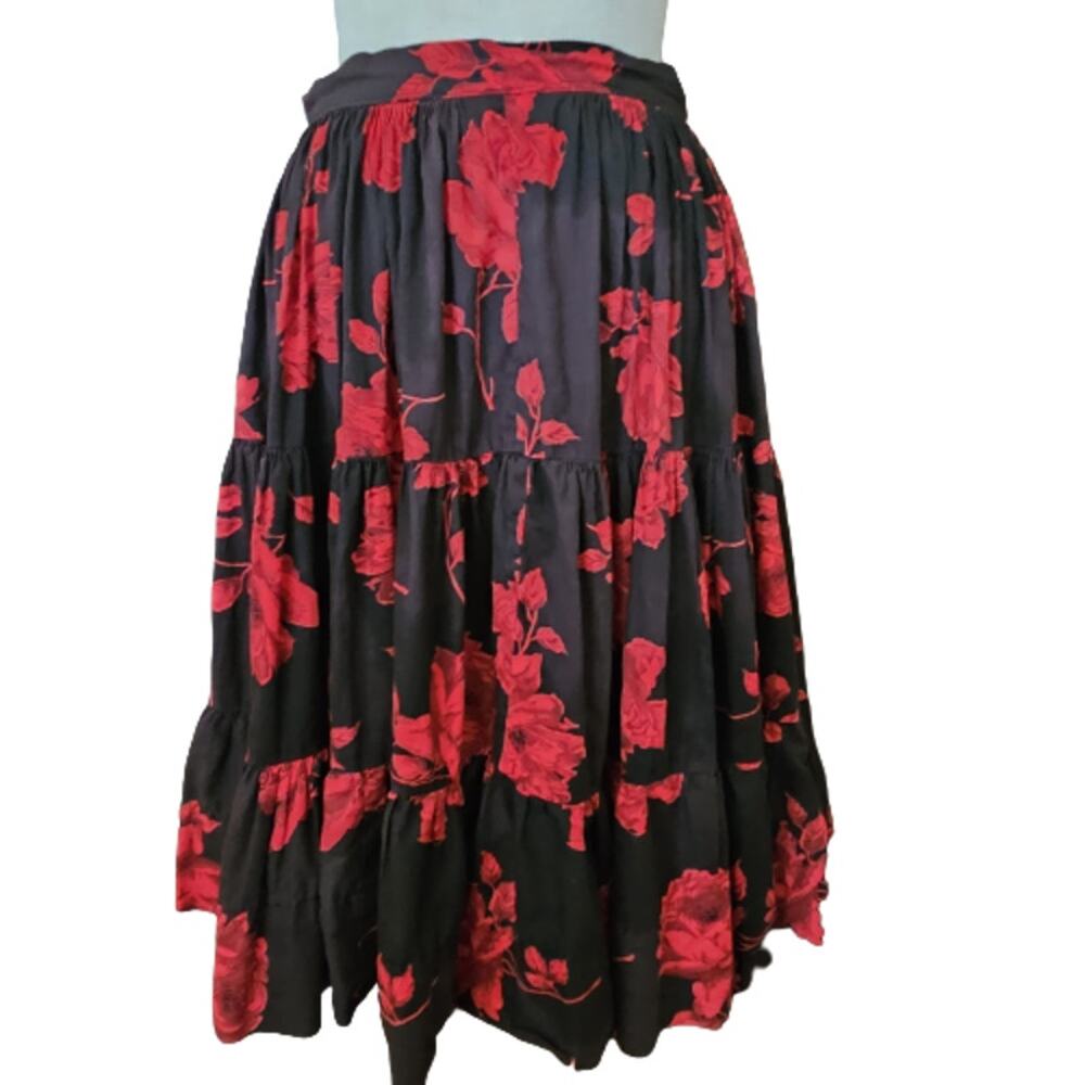 Vintage Black and Red Floral Midi Skirt Size 4